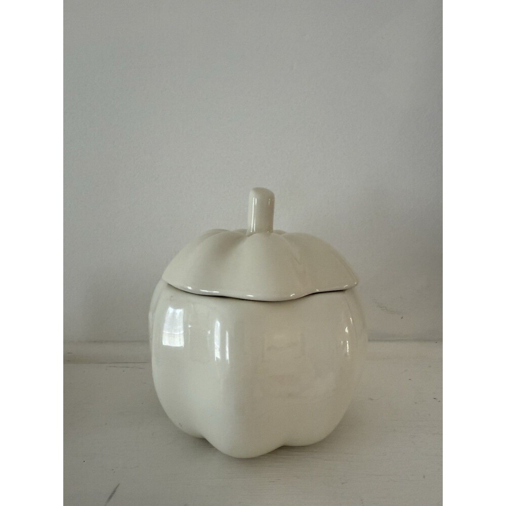 🎃✿ Ceramic Pumpkin Candy Dish with Lid Ivory White Fall Decor Harvest Halloween